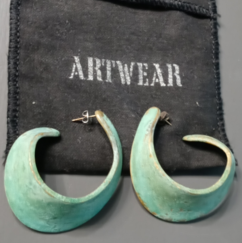 Rare 1980's Robert Lee Morris Modernist Verdigris Concave Hoop Artwear Earrings